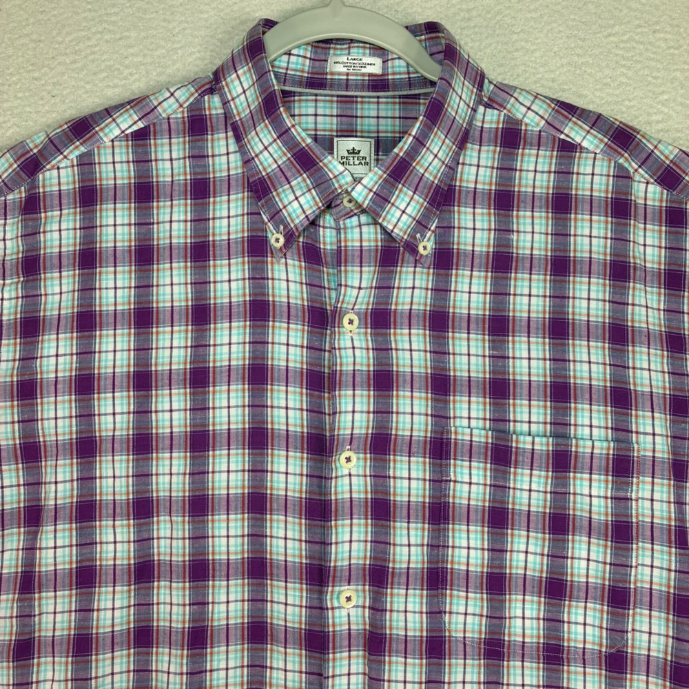 Peter Millar Linen Blend Button Shirt Men L Purple Blue Tartan Plaid Preppy Golf